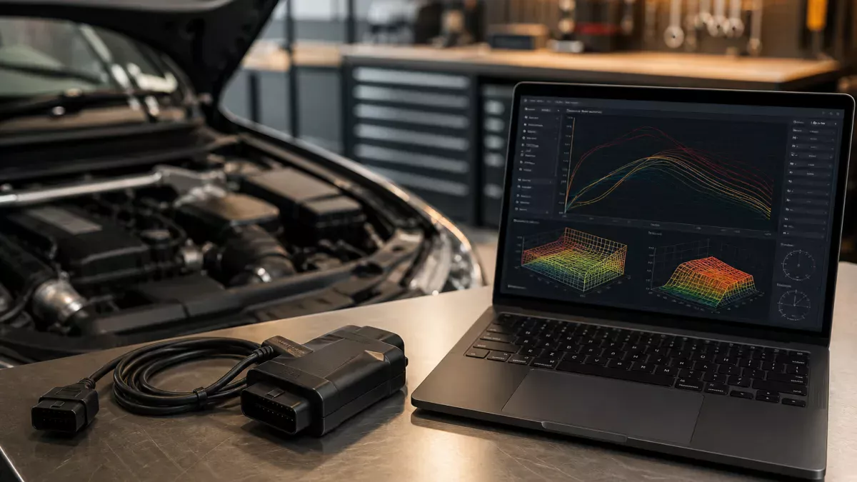 Boîtier externe et ordinateur de calibration moteur dans un atelier