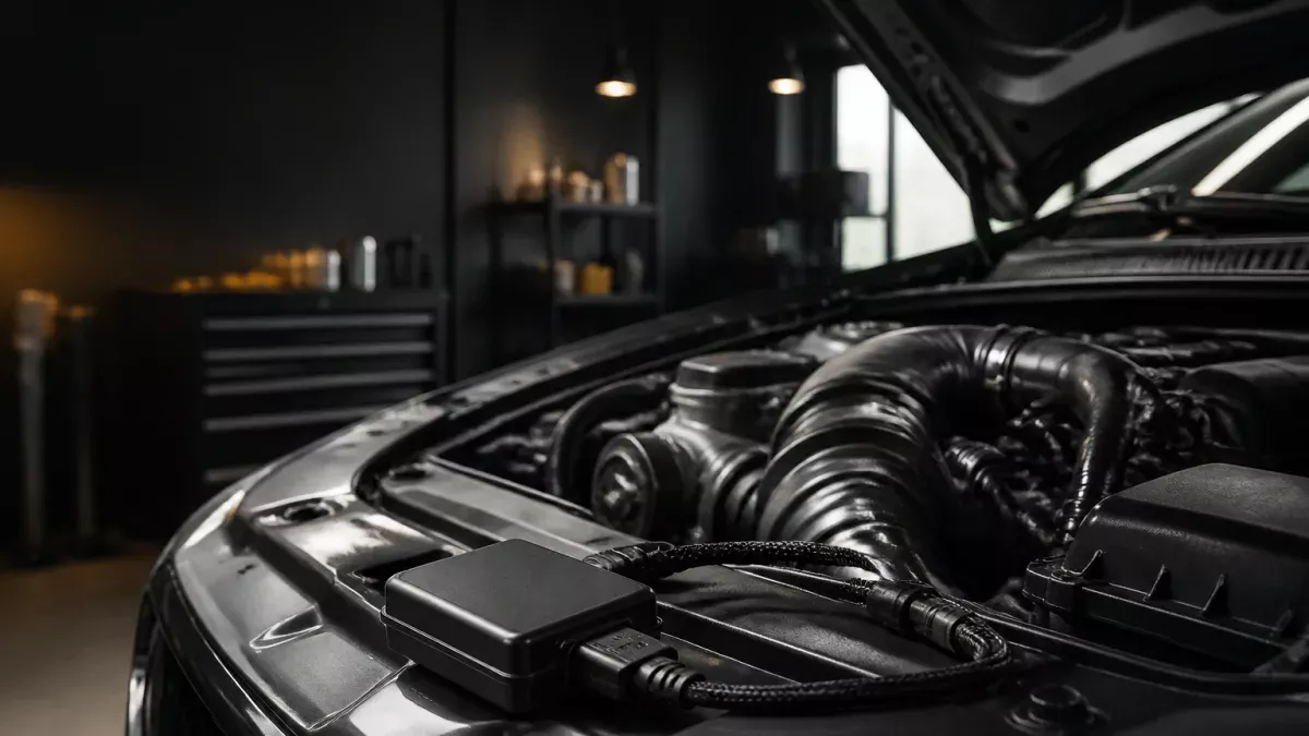 Boîtier électronique posé devant le compartiment moteur d'une voiture