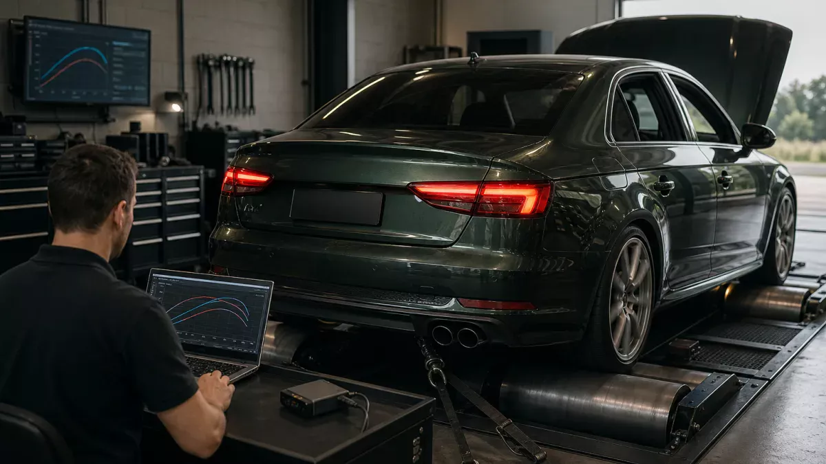 Voiture sur banc de puissance dans un atelier automobile